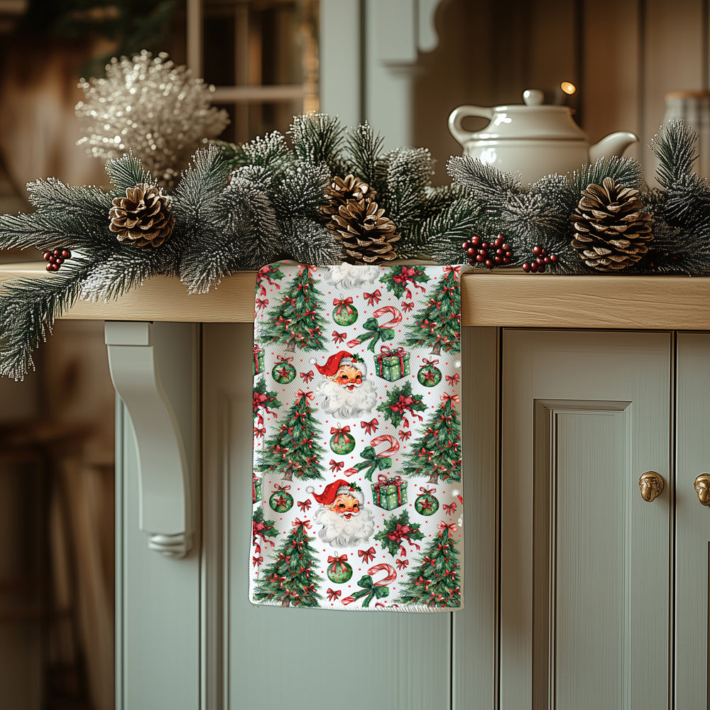 nostalgic santa claus holiday tea towel
red and green christmas towel with presents and bows
christmas tree and santa kitchen towel vintage style
retro christmas towel with santa and festive decorations