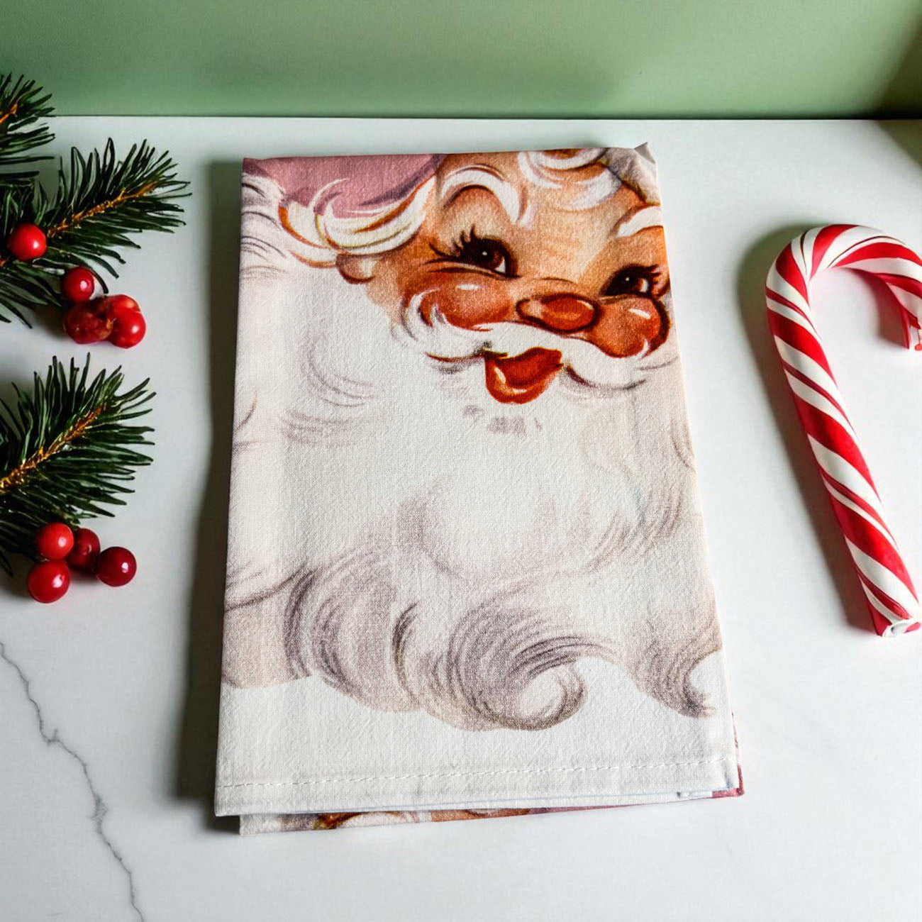 Hot selling pink Christmas kitchen towel
Pink Santa kitchen towel while supplies last
Vintage Santa kitchen decor limited time
Christmas pink Santa towel seasonal