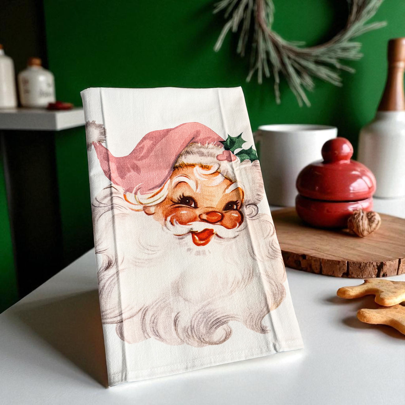 Pink Santa holiday kitchen towel
Vintage Christmas kitchen towel pink Santa
Pink Santa kitchen decor towel
Christmas pink Santa kitchen accessories