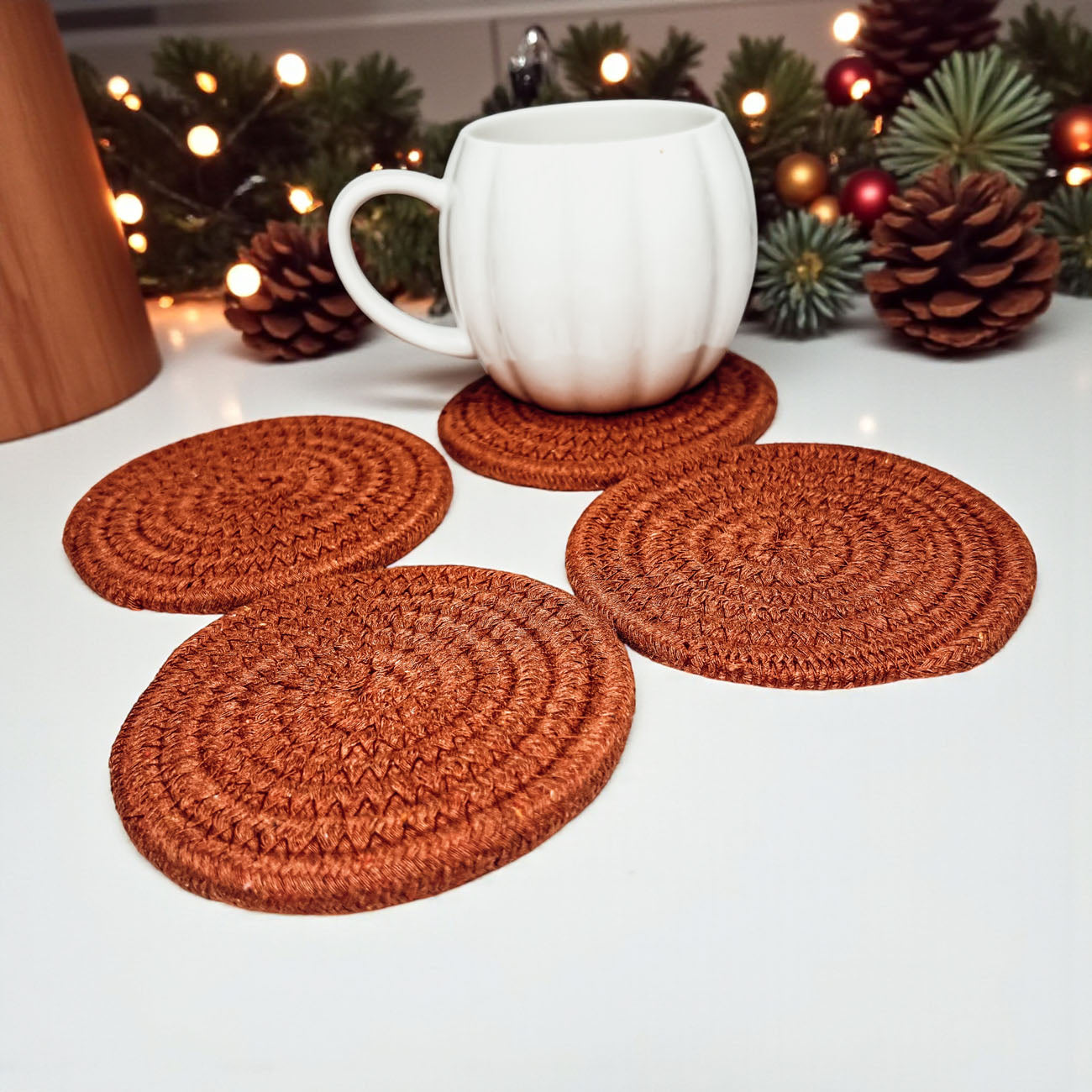 Boho braided rope coasters neutral autumn home decor gift
Coastal braided rope coasters fall colors neutral gift bundle