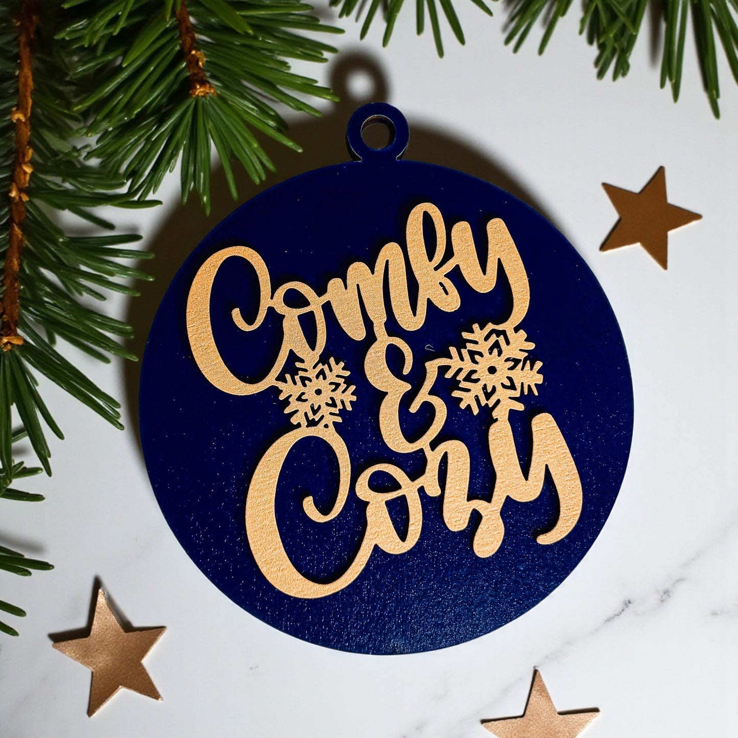 Blue and gold Christmas Tree Ornaments Wooden Handmade.
Classic Christmas Tree Decoration
Custom wood ornaments