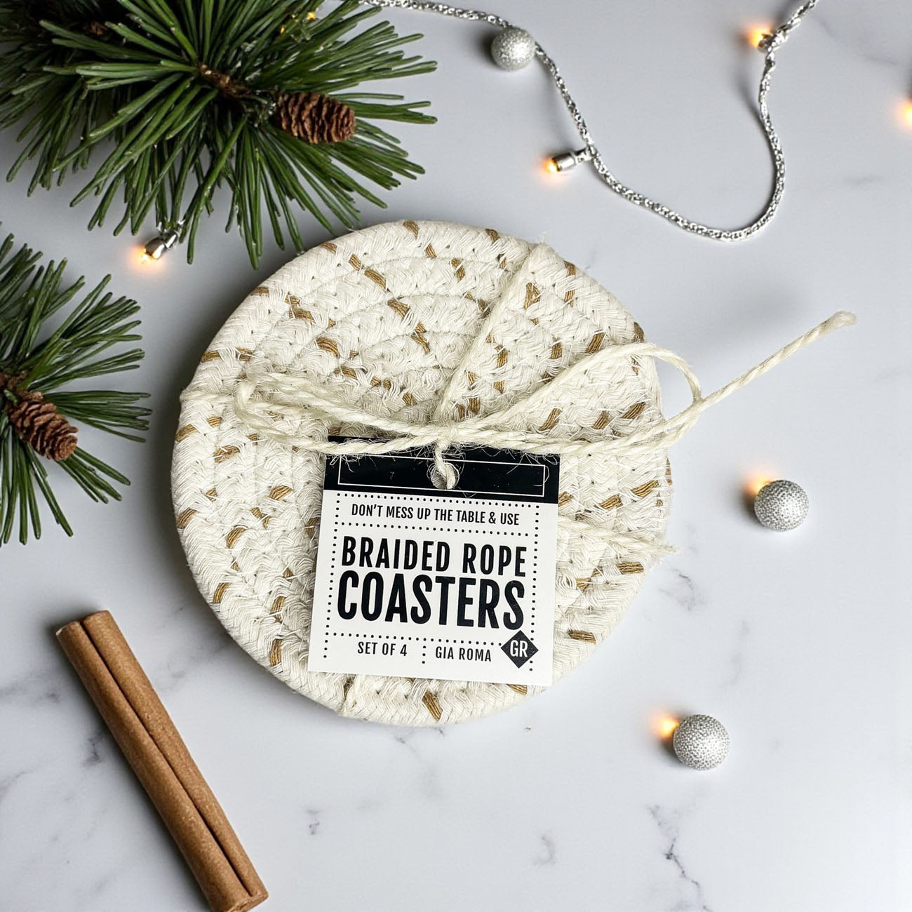 Housewarming gift braided coasters neutral colors gift wrapped
Holiday gift set braided rope coasters fall neutral tones
neutral home decor coaster set perfect for modern kitchens