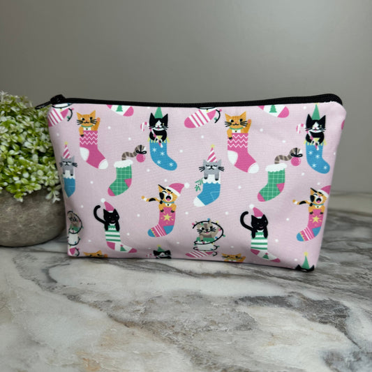 Pouch - Holiday Christmas -  Cats in Stockings Pink