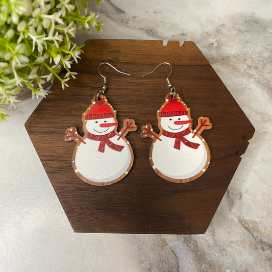 Wooden Dangle Earrings - Christmas - Snowman Hat Scarf