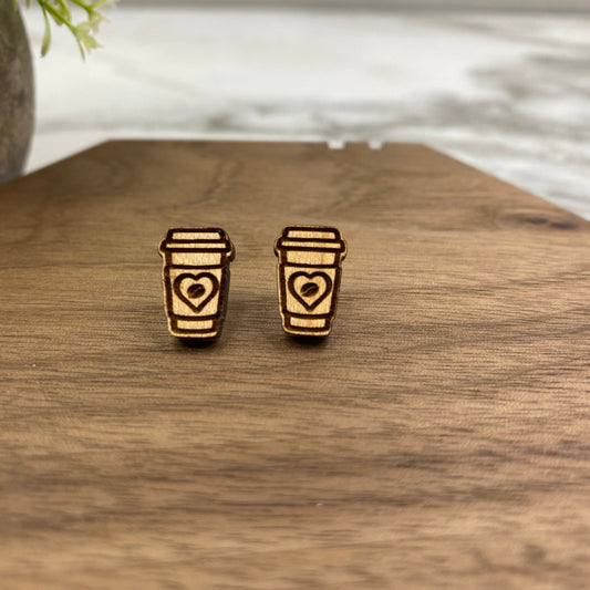 Wooden Stud Earrings - Coffee Heart Bean