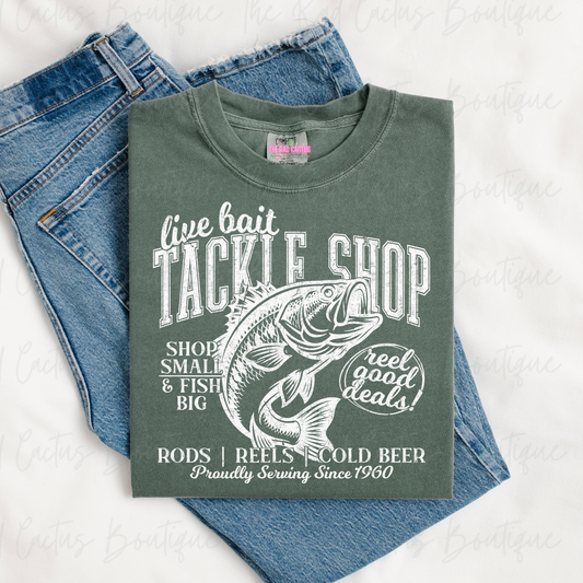 Live Bait Tackle Shop White Ink Graphic Tee or Crewneck Sweatshirt