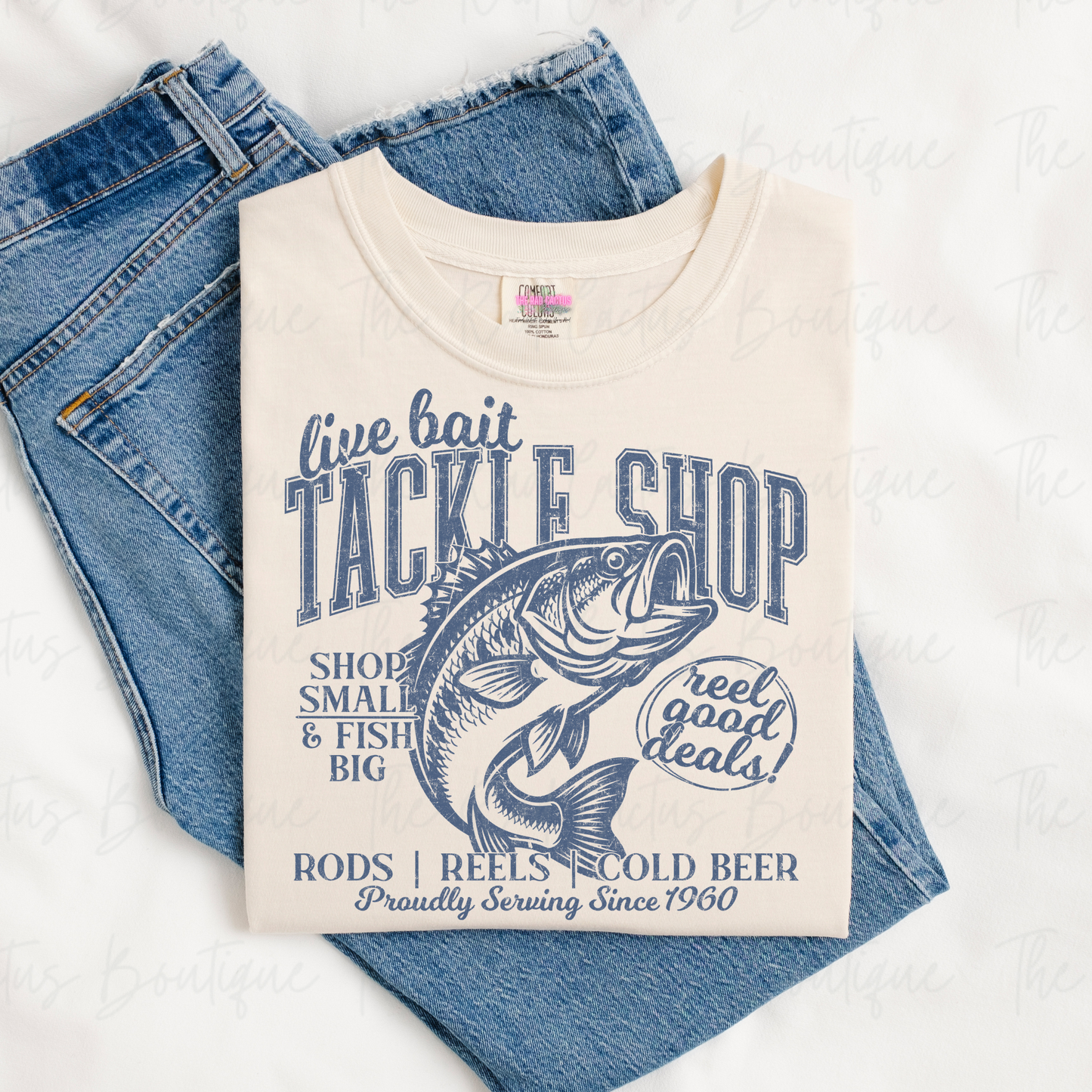 Live Bait Tackle Shop Blue Ink Graphic Tee or Crewneck Sweatshirt