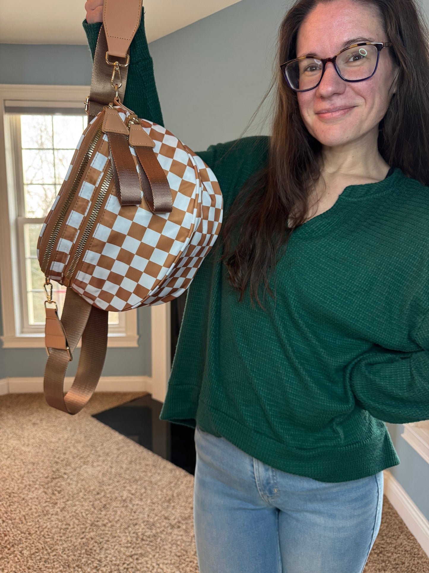 The Roni Nylon Crossbody - Checkered Camel - PREORDER