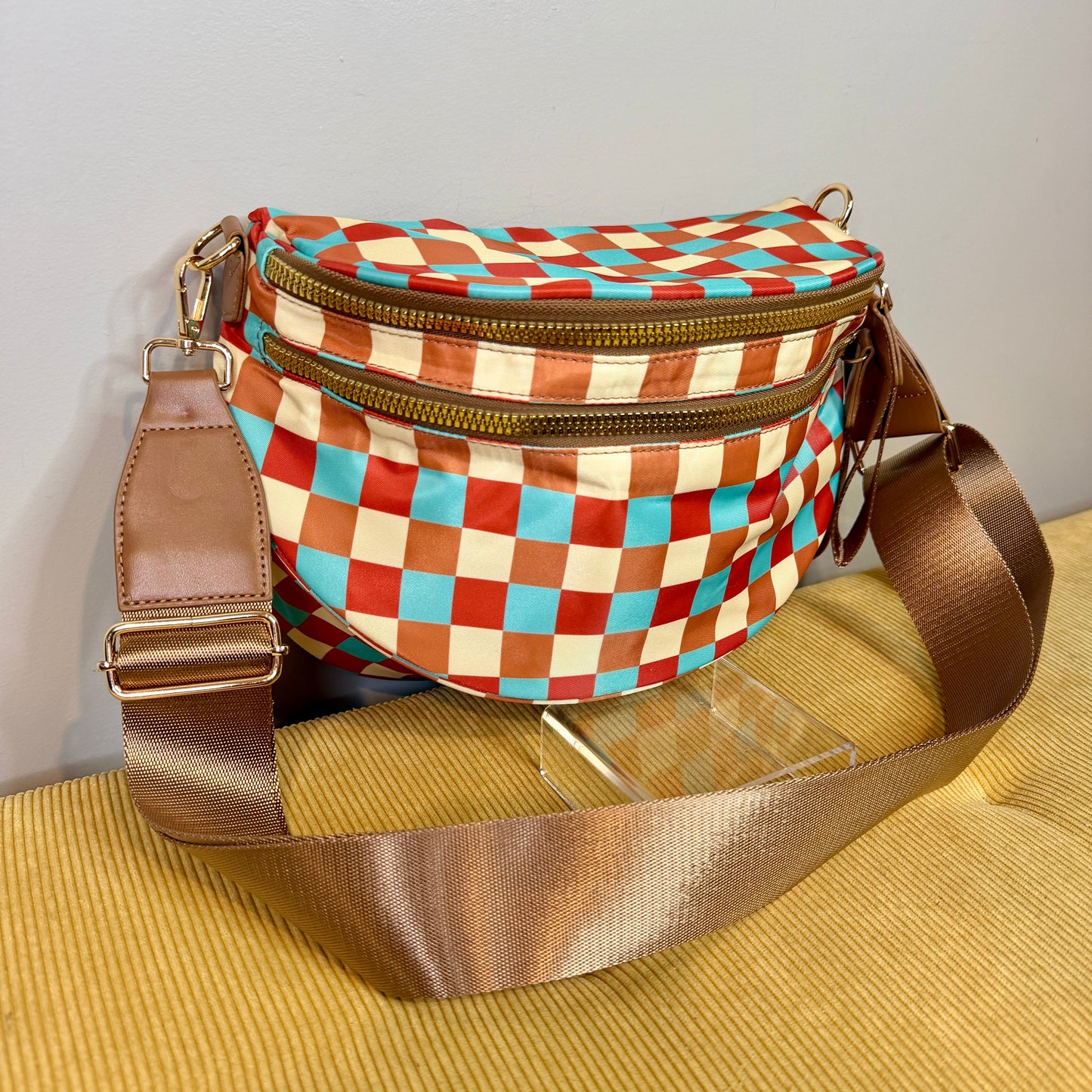 The Roni Nylon Crossbody - Camel Aqua Checker