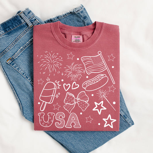 USA Doodle Graphic Tee or Crewneck Sweatshirt