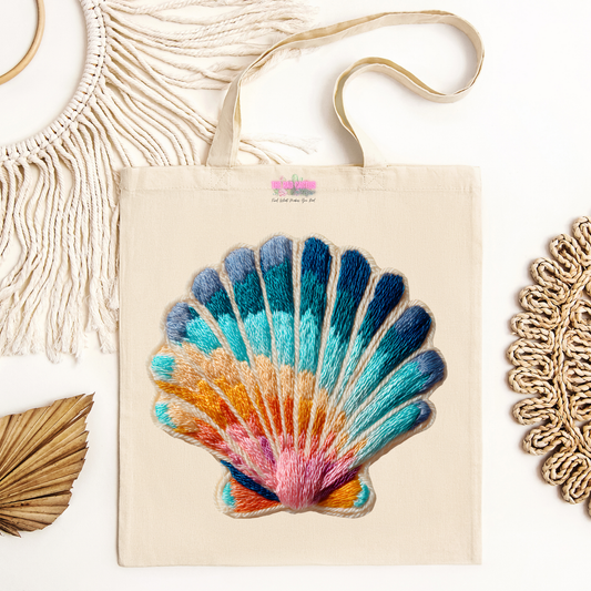 Faux Embroidered Shell Canvas Tote Bag