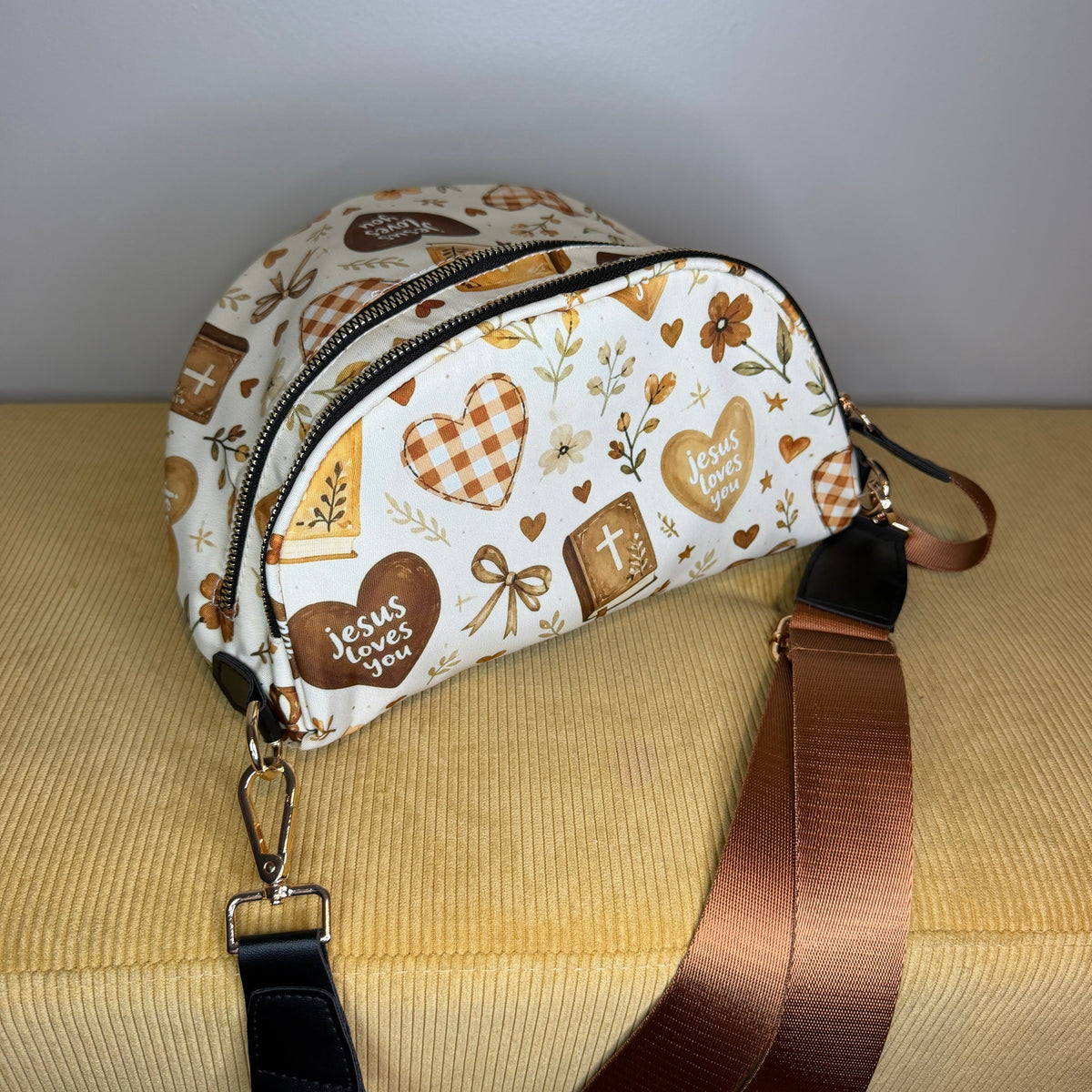 The Roni Nylon Crossbody - Religious Jesus Loves You Bronze