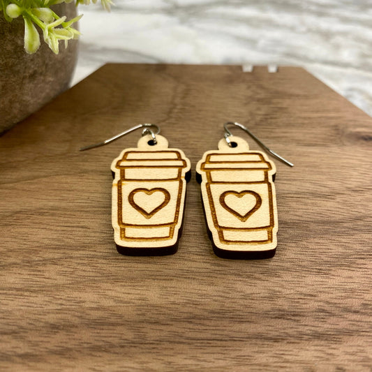 Wooden Dangle Earrings - Coffee Heart #2