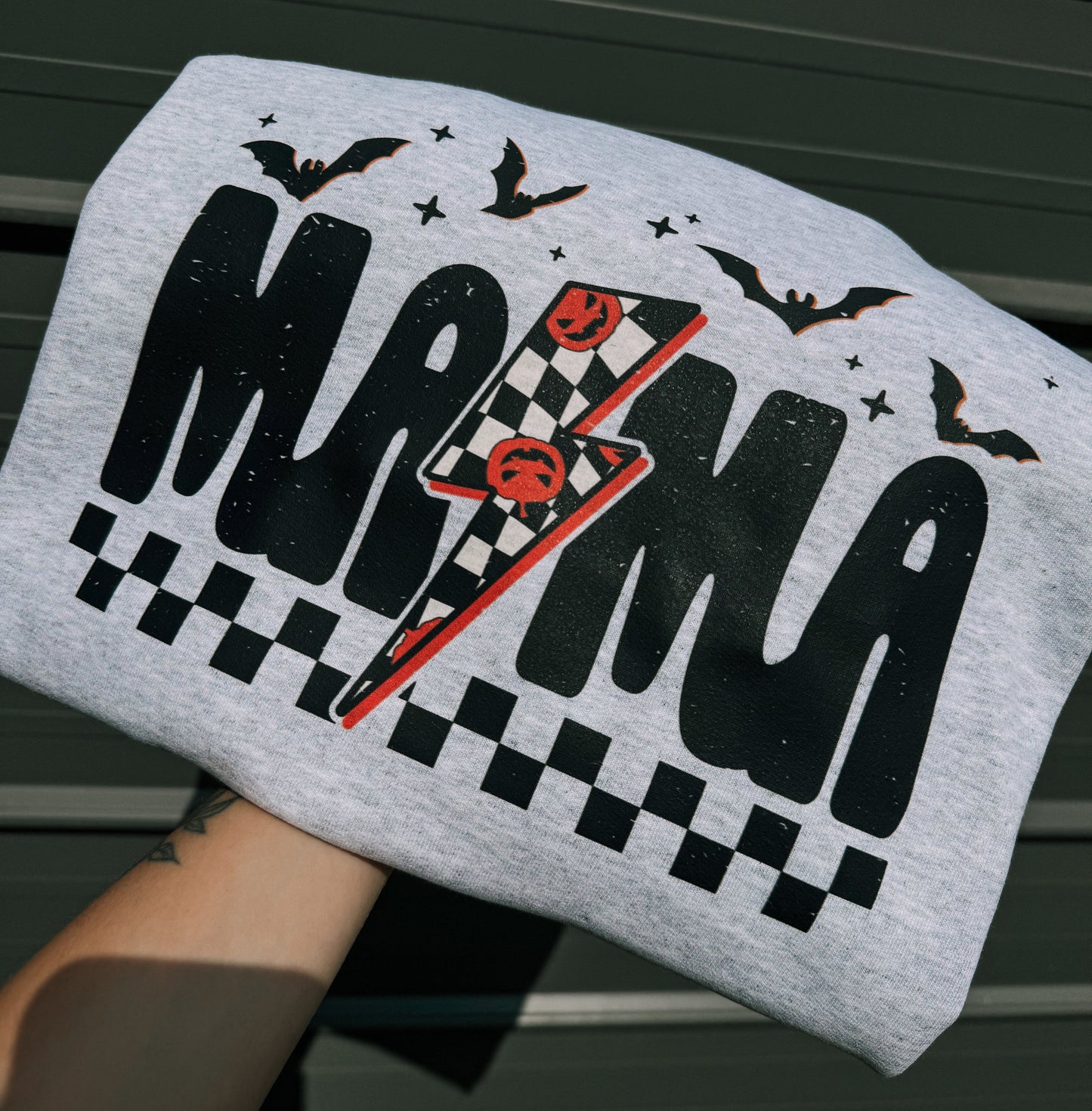 Pumpkin Checker Lightning Bolt Mama Tee/Sweatshirt