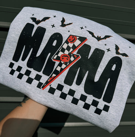 Pumpkin Checker Lightning Bolt Mama Tee/Sweatshirt