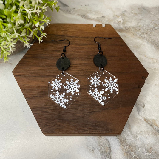 Dangle Earring - Wood & Acrylic - Christmas Clear Hexagon Snowflake