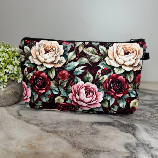 Pouch - Christmas Holiday Maroon Floral Roses