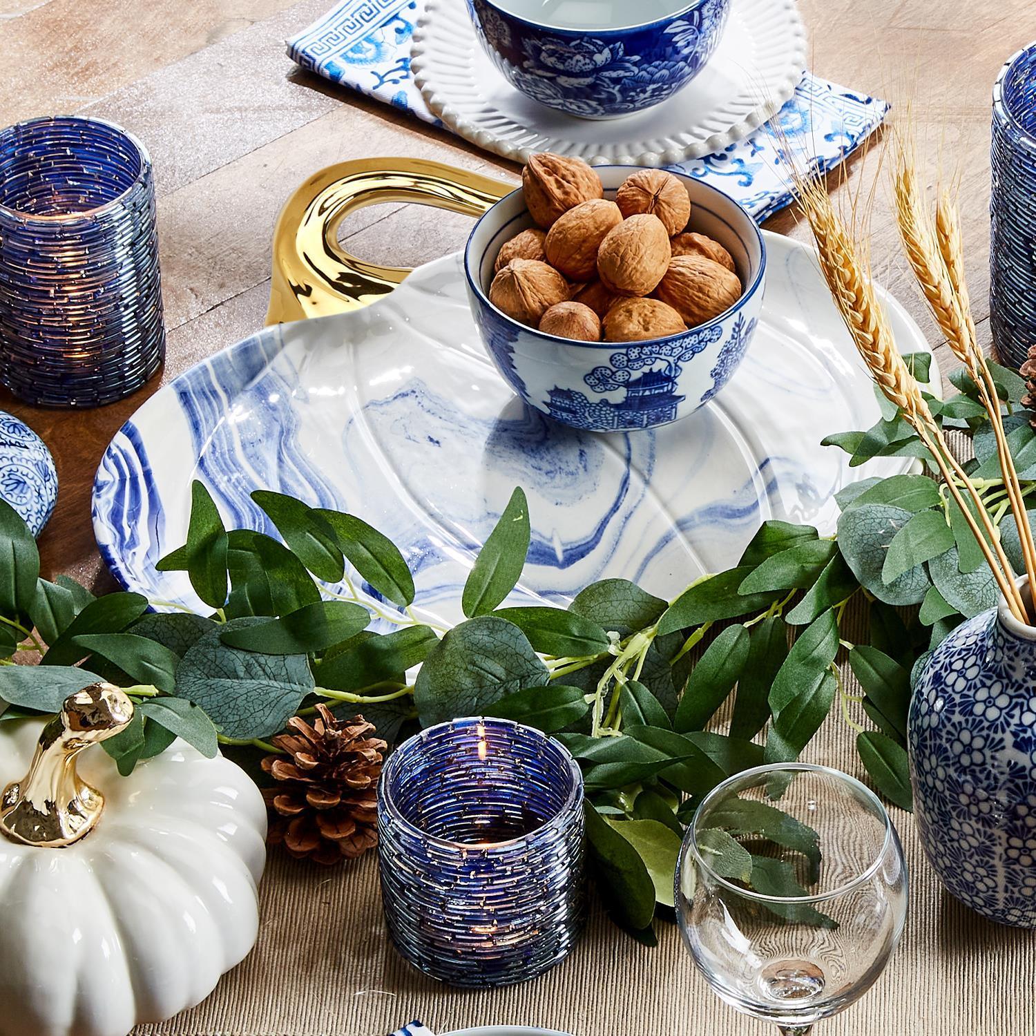 Luxury Halloween Serving Platters - Blue and White Marbled Plates
