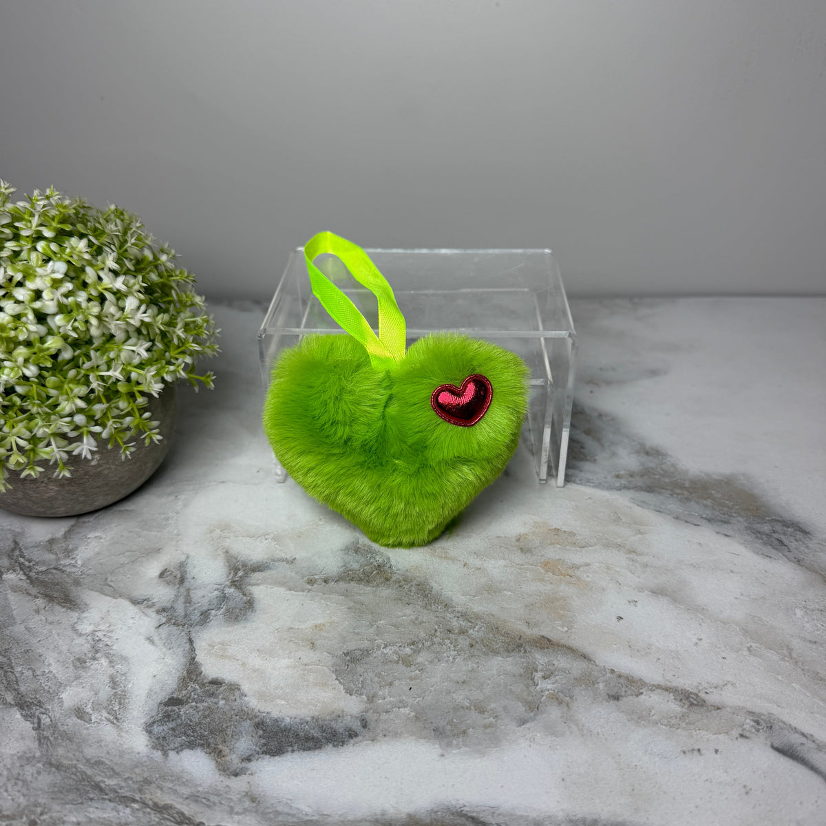 Keychain / Ornament - Fuzzy Pom Pom - Christmas Green Heart