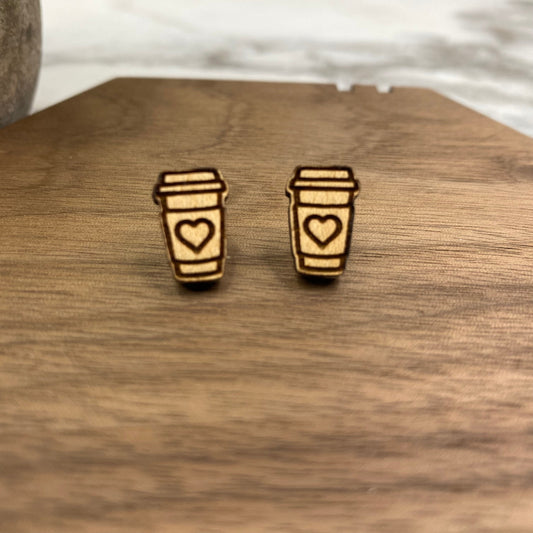 Wooden Stud Earrings - Coffee Heart #2