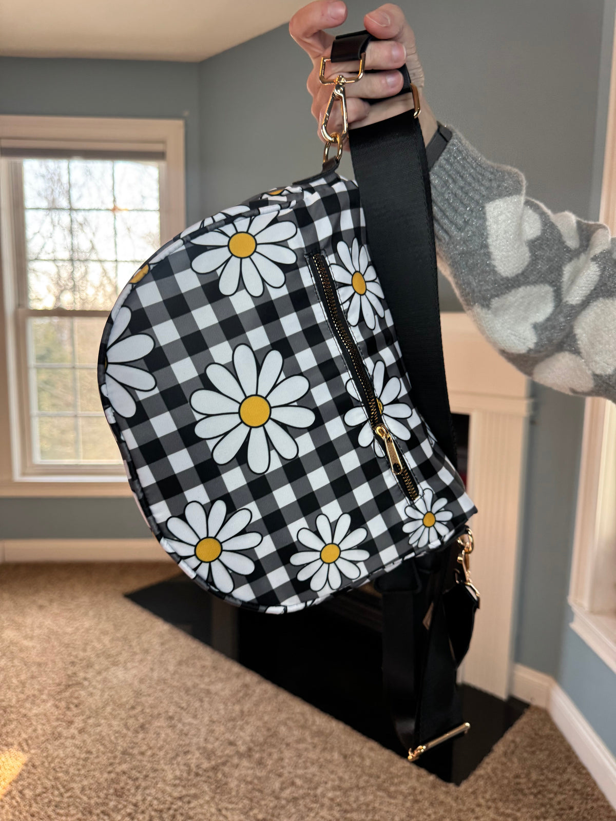 The Roni Nylon Crossbody - Black Gingham Daisy Floral