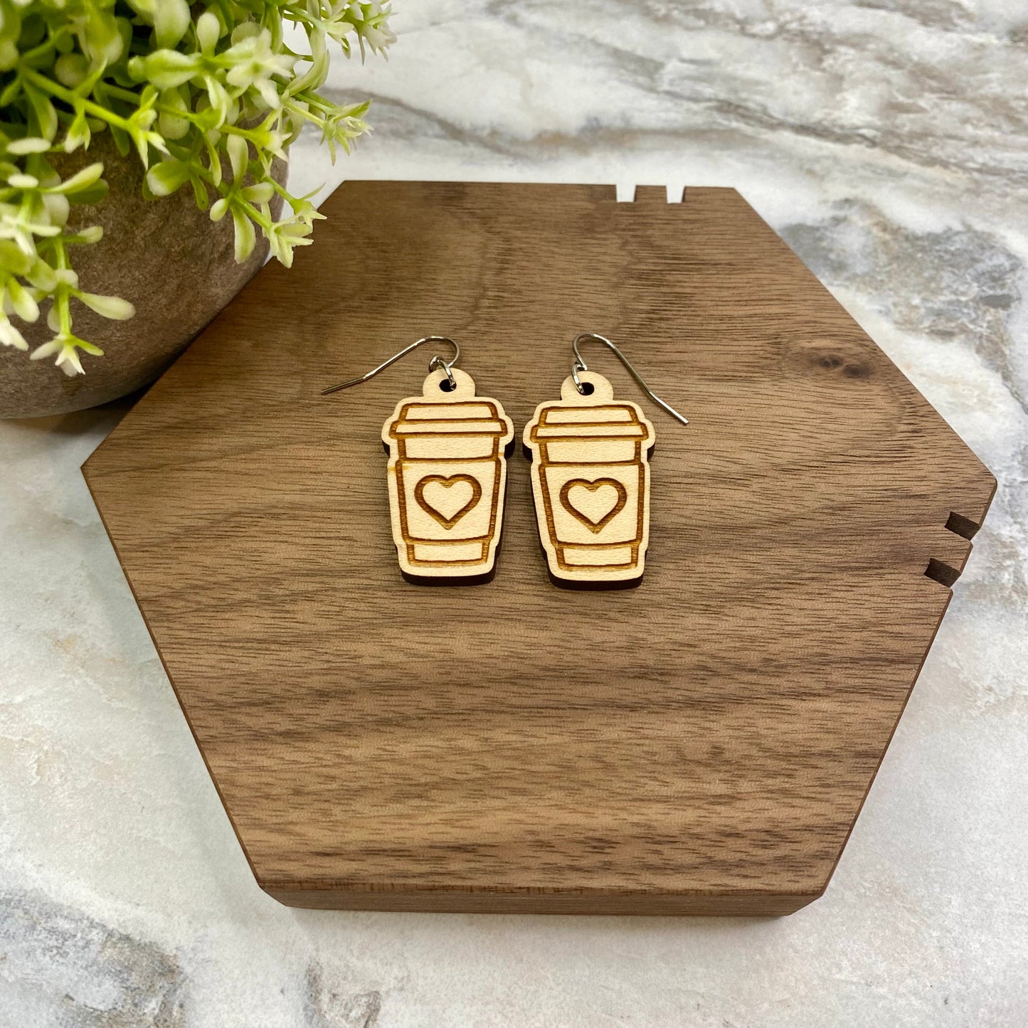 Wooden Dangle Earrings - Coffee Heart #2