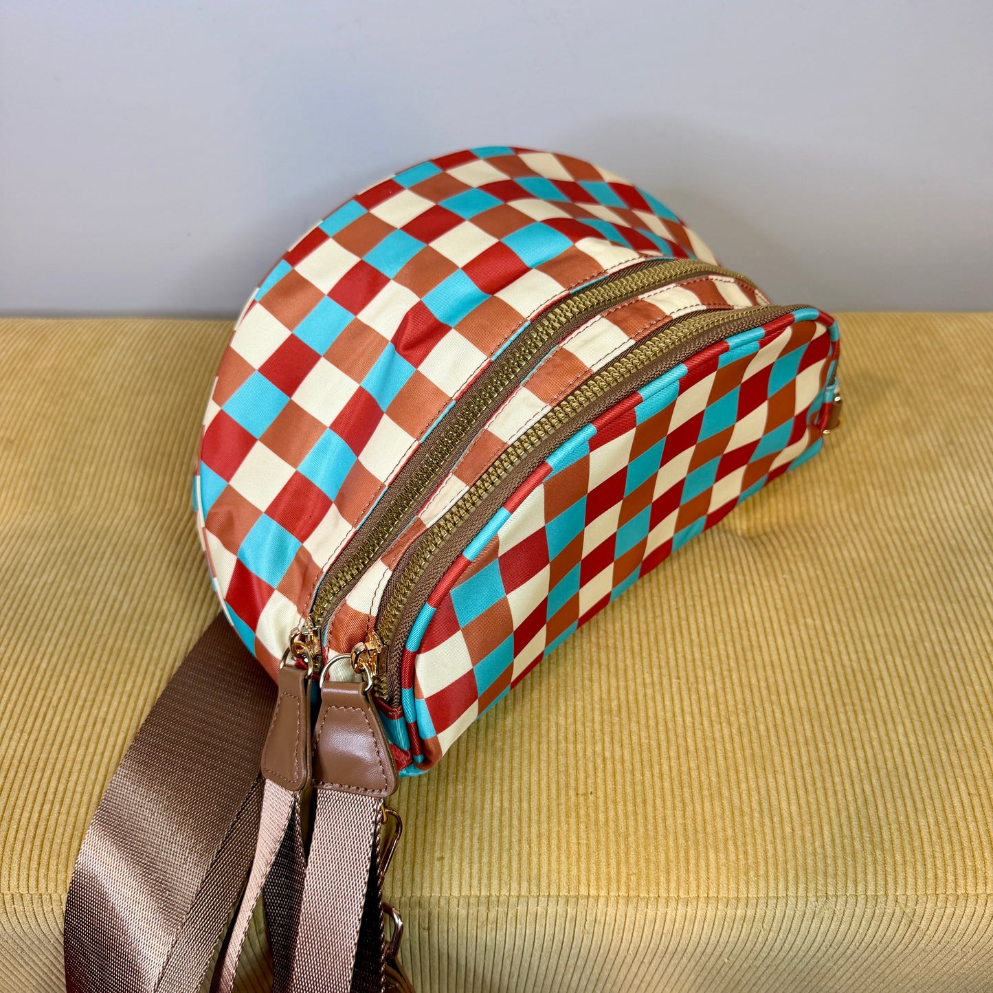 The Roni Nylon Crossbody - Camel Aqua Checker