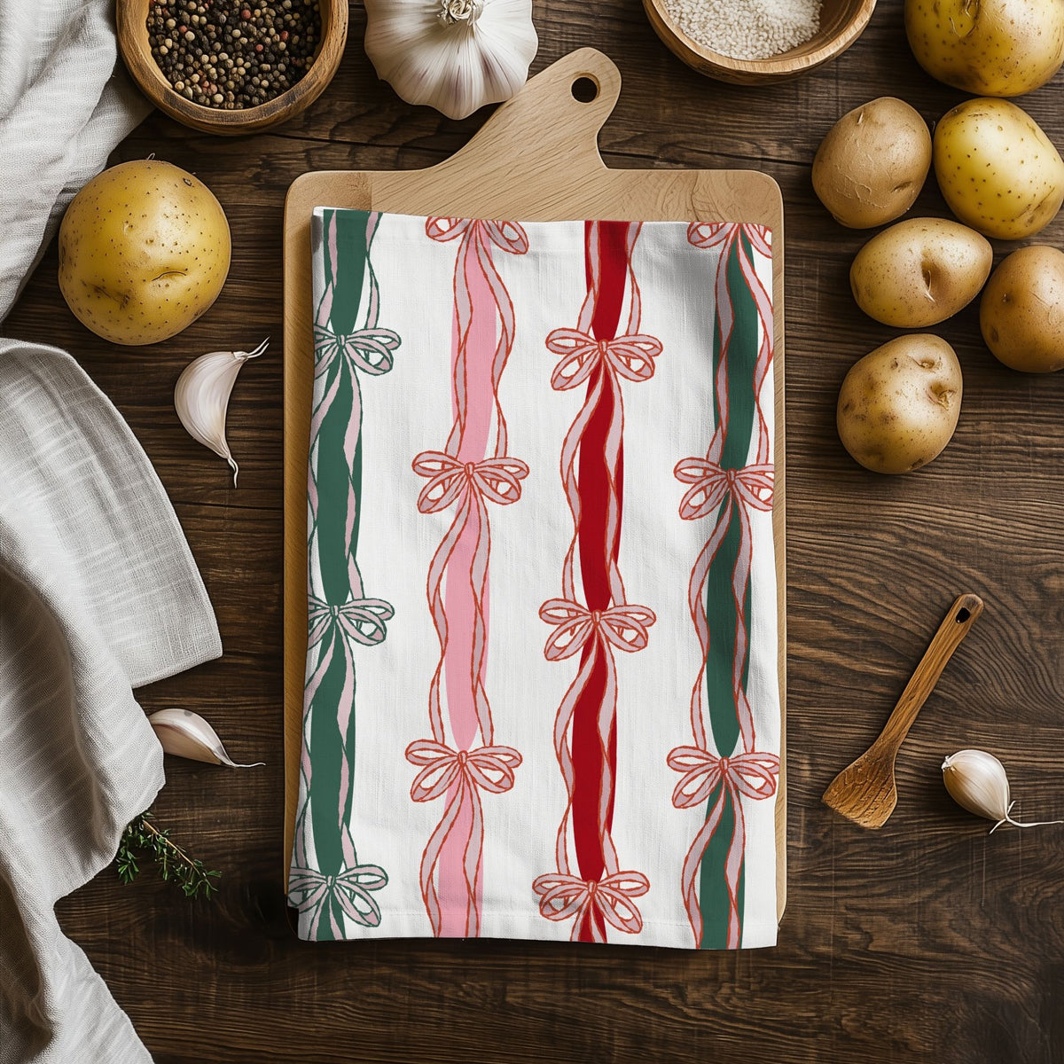 Elegant holiday kitchen towel gift
Christmas kitchen essentials gift
Holiday kitchen gift towel bow