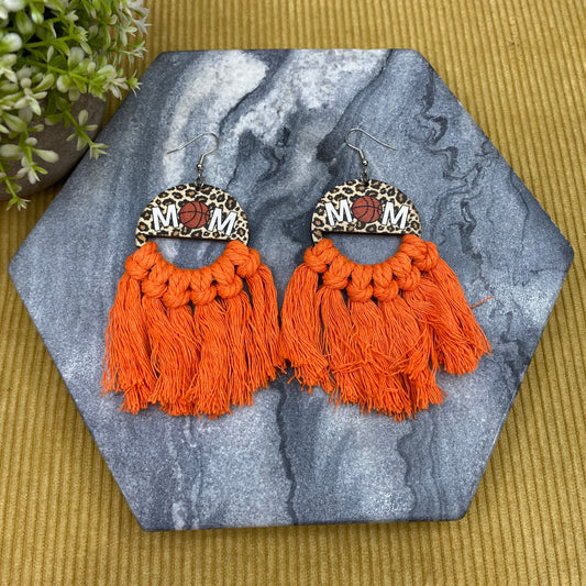 Wood & Macrame Earrings - Half BBall Mom
