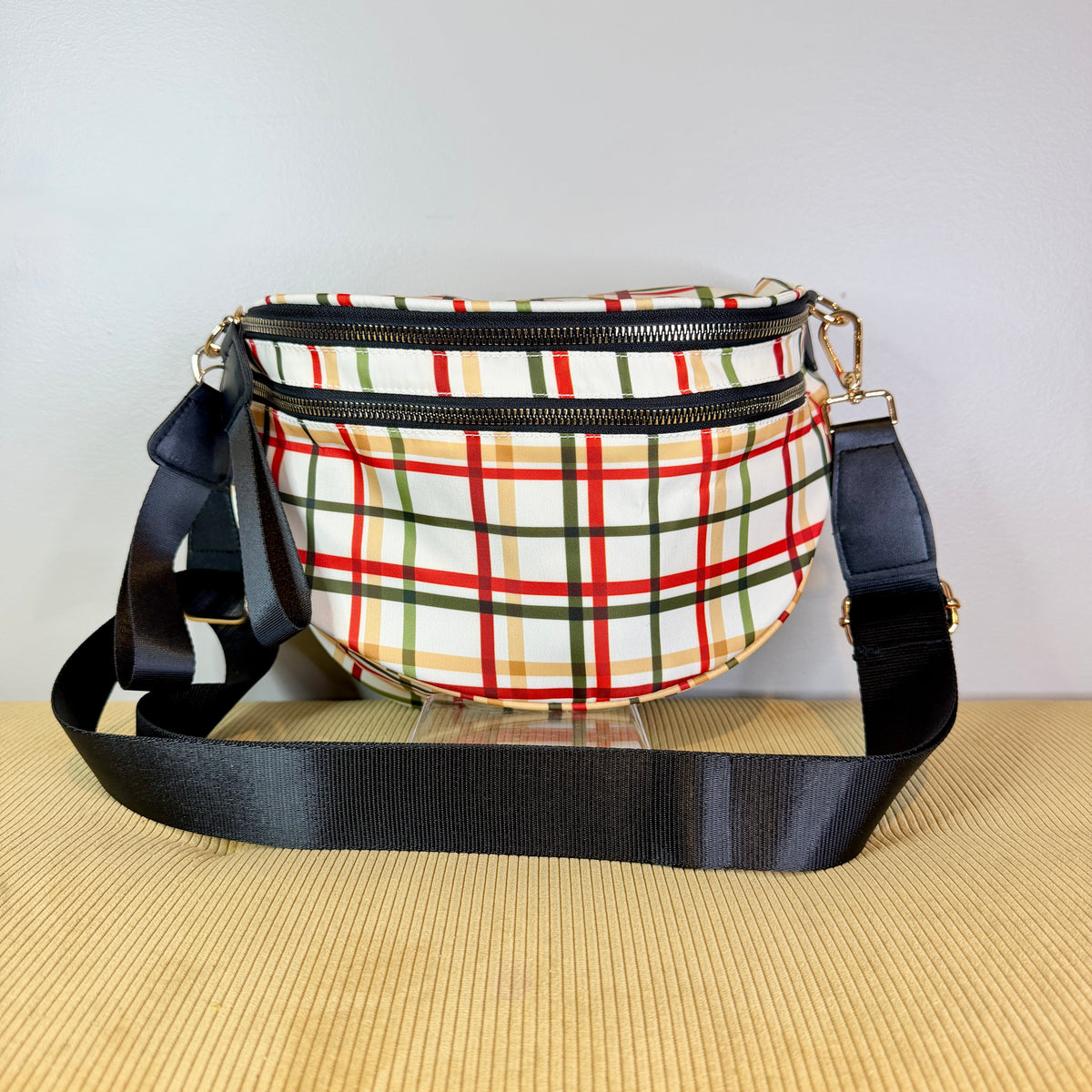 The Roni Nylon Crossbody - Cream Plaid