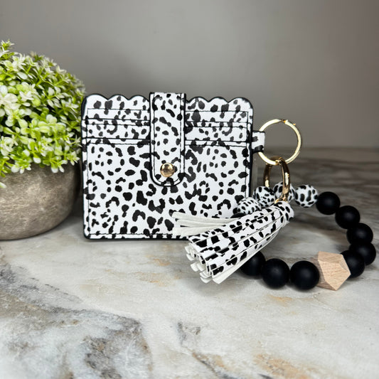 Silicone Bracelet Keychain with Scalloped Card Holder - Black/White