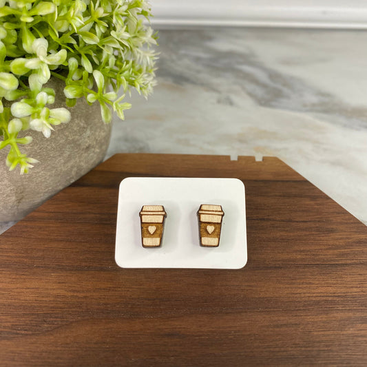 Wooden Stud Earrings - Coffee Heart
