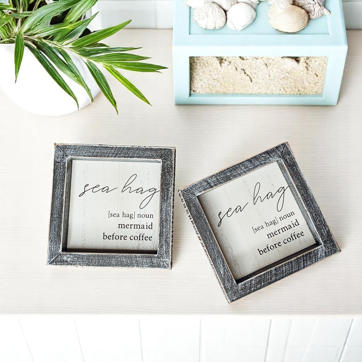 Beach house coffee station sign with sea hag text"
Mermaid themed coffee bar wall art