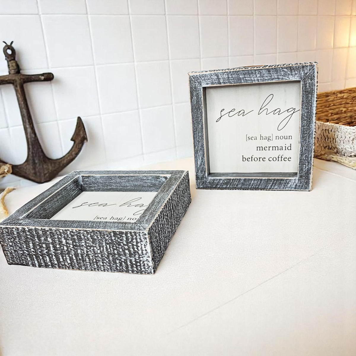 Beach house coffee bar sign with humorous mermaid definition
