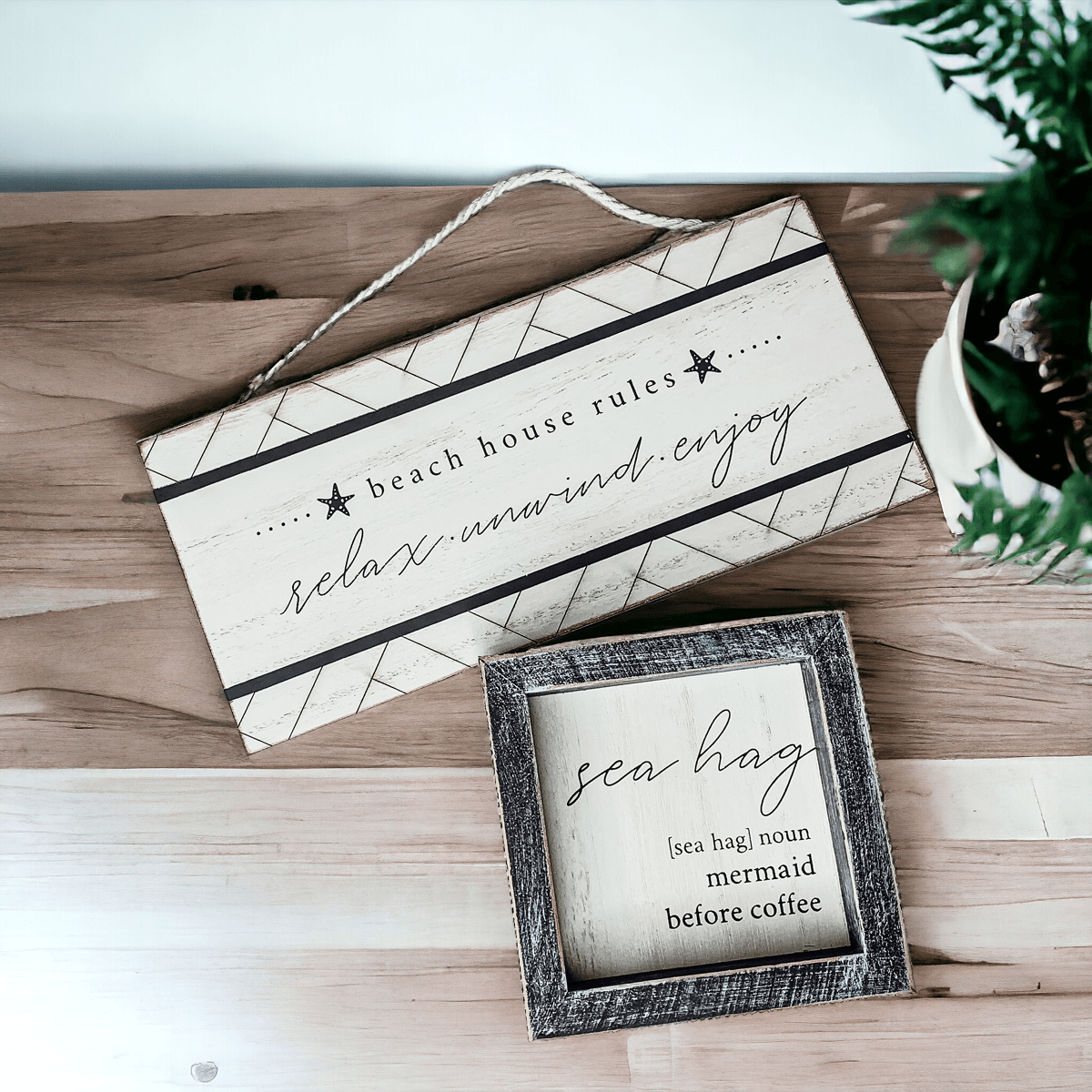 Coastal farmhouse definition sign with gray rustic frame
Beach house decor wooden sign with mermaid coffee quote