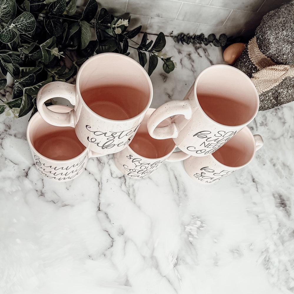 easter morning essentials
spring entertaining ideas
easter mugs with gift box
spring coffee gifts
Light pink pastel ceramic coffee mug, a charming and lighthearted gift option