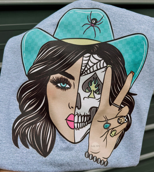 Turquoise Cowgirl Skull Peace Sign Tee/Sweatshirt