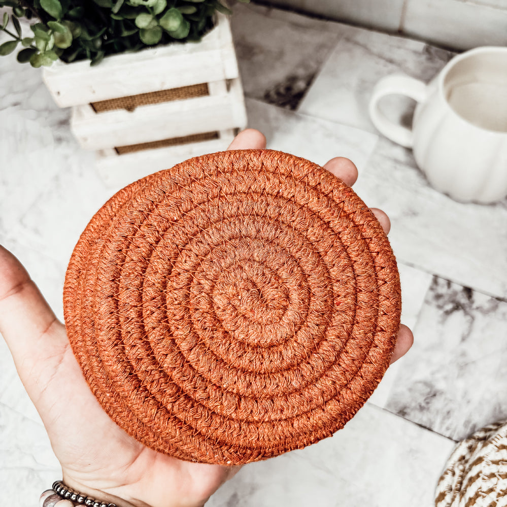 Rust Orange Braided Coaster Set for Fall Table Decor
Autumn Spiral Coasters in Orange and White by Gia Roma
Fall Table Protection with Handmade Braided Coasters