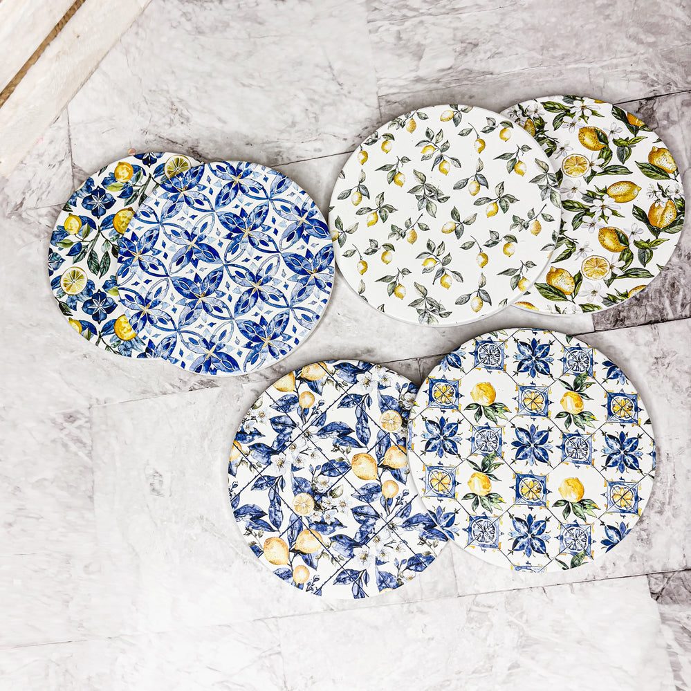 summer entertaining ceramic coasters Mediterranean lemon pattern blue white luxury table decor cork backing