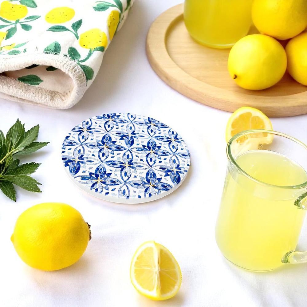 luxury Mediterranean lemon coasters ceramic blue white chinoiserie pattern cork backing set of 6
high-end ceramic coasters Mediterranean lemon design blue yellow summer home decor cork back