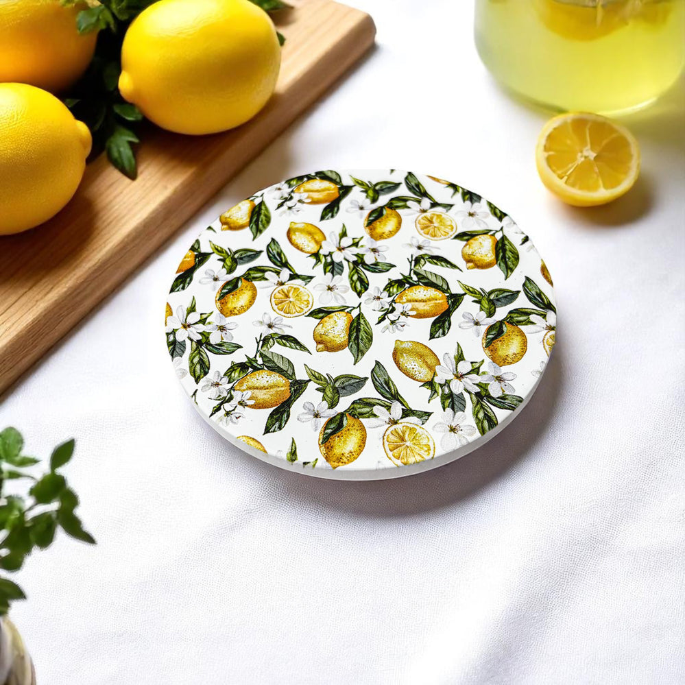 handmade ceramic coasters Mediterranean lemon pattern blue white luxury home decor cork backing