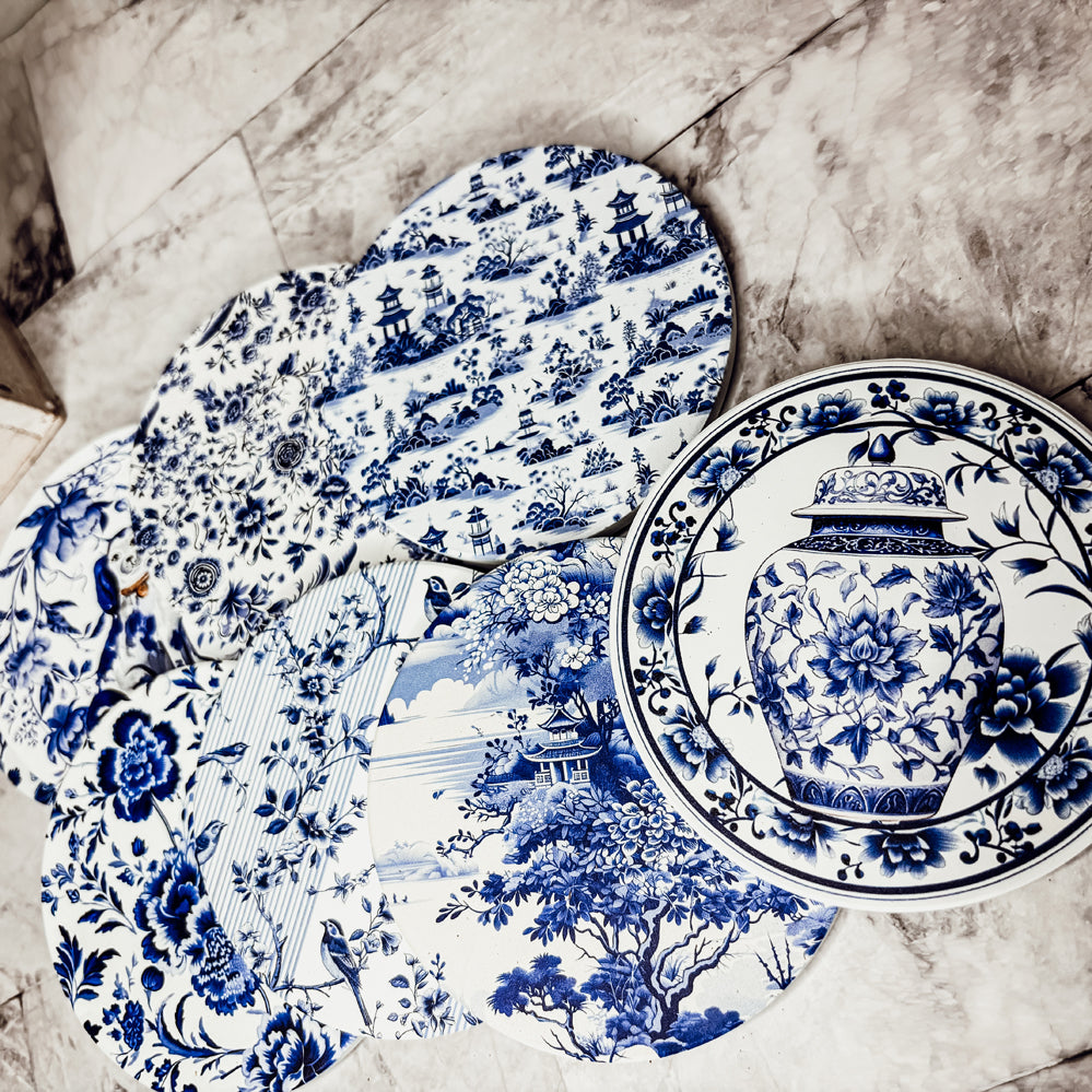 premium ceramic coasters Chinoiserie blue white pattern luxury ginger jar blue willow Staffordshire dogs cork back
