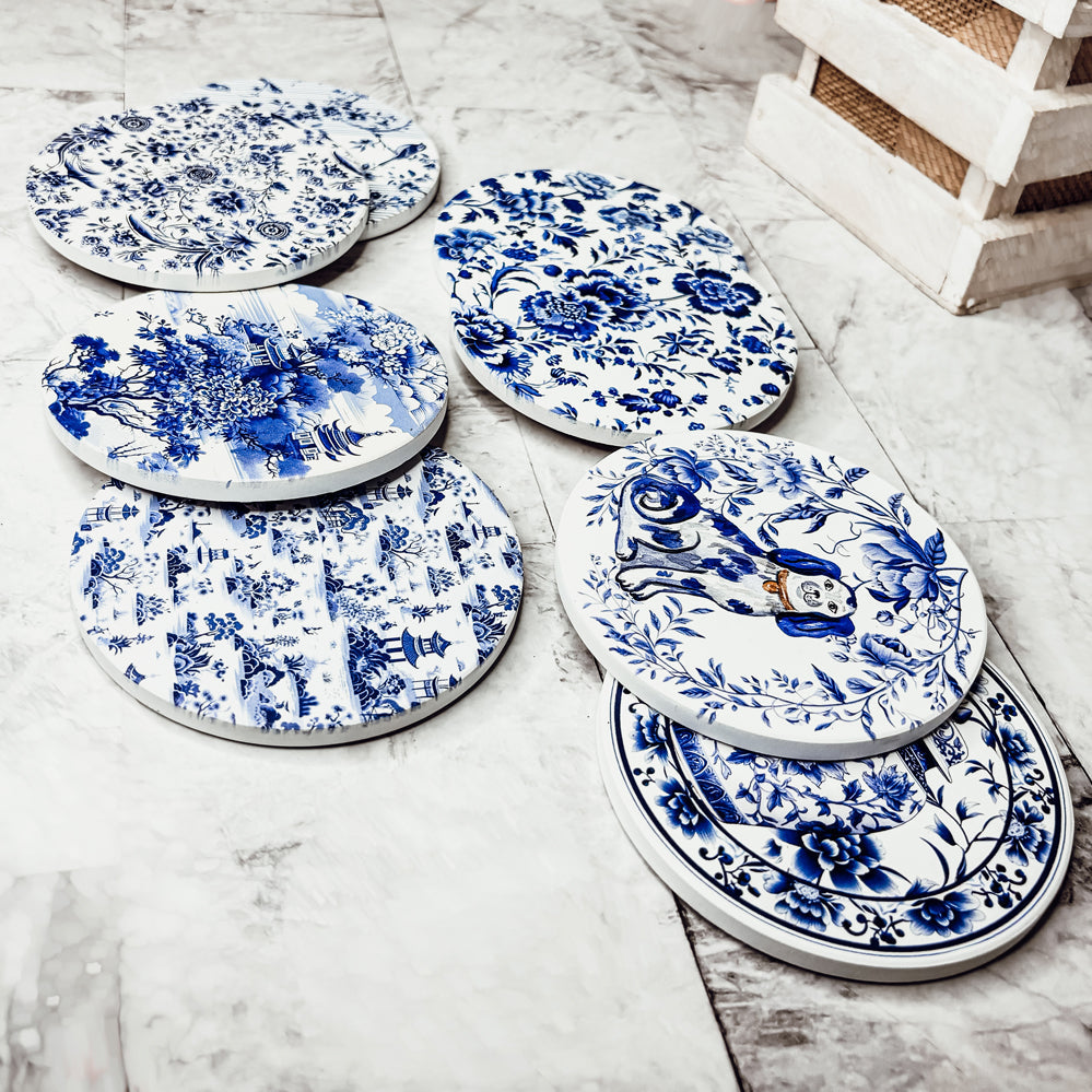 High-end ceramic drink coasters Chinoiserie blue white pattern ginger jar blue willow Staffordshire dog cork backing
elegant entertaining ceramic coasters Chinoiserie blue white porcelain ginger jar blue willow pattern cork backing
