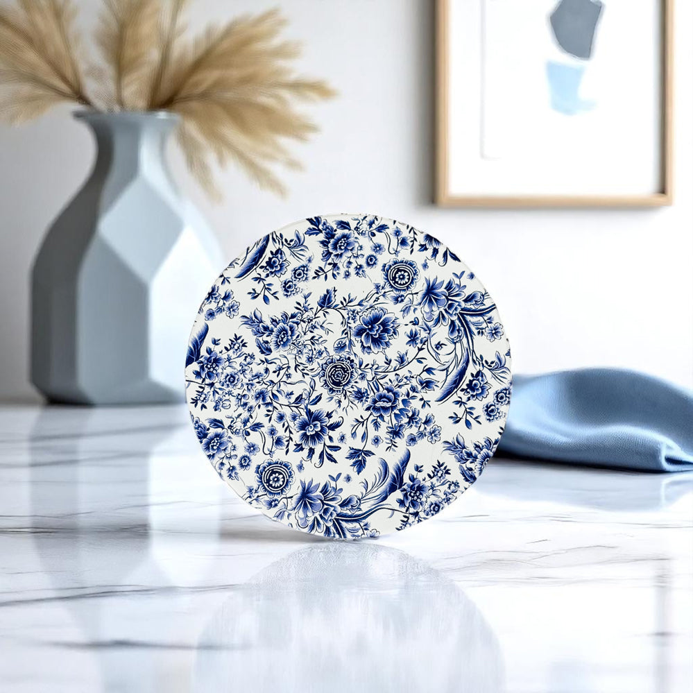 grandmillennial style ceramic coasters Chinoiserie blue white porcelain ginger jar blue willow Staffordshire dog cork backing