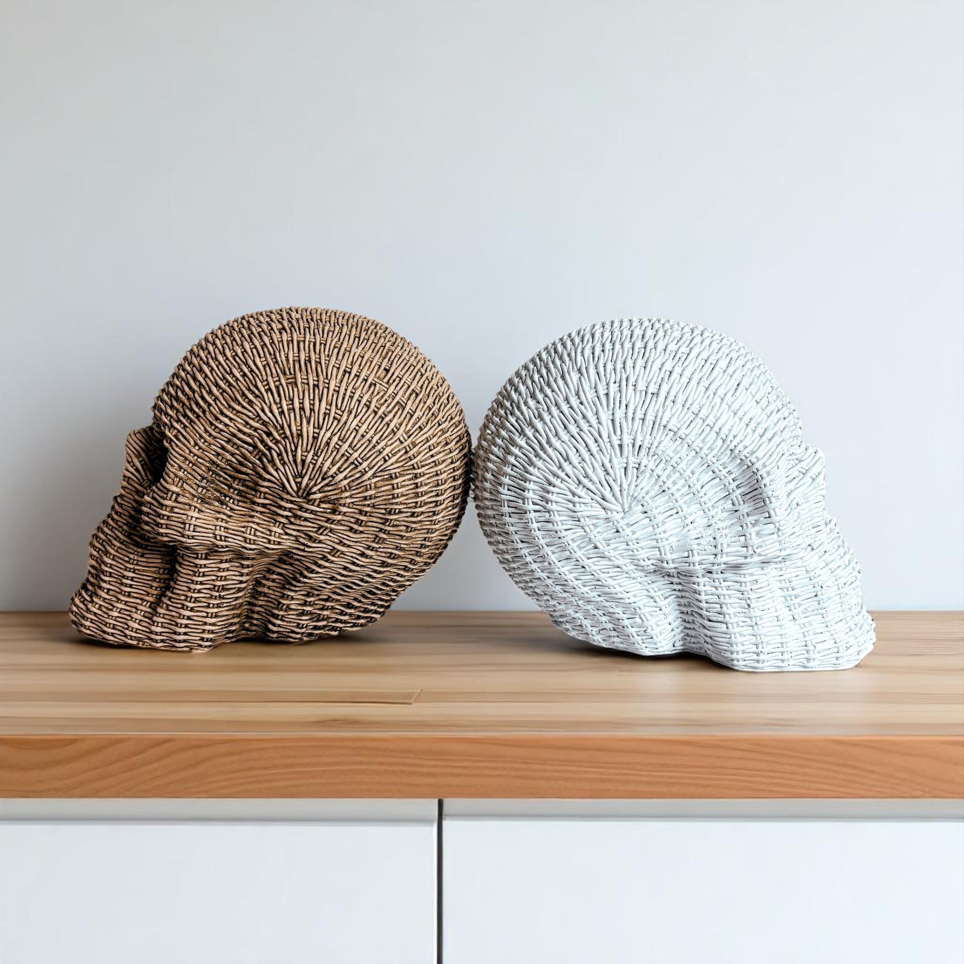 luxury skull decor rattan basketweave style resin neutral brown white halloween fall table accent wicker look