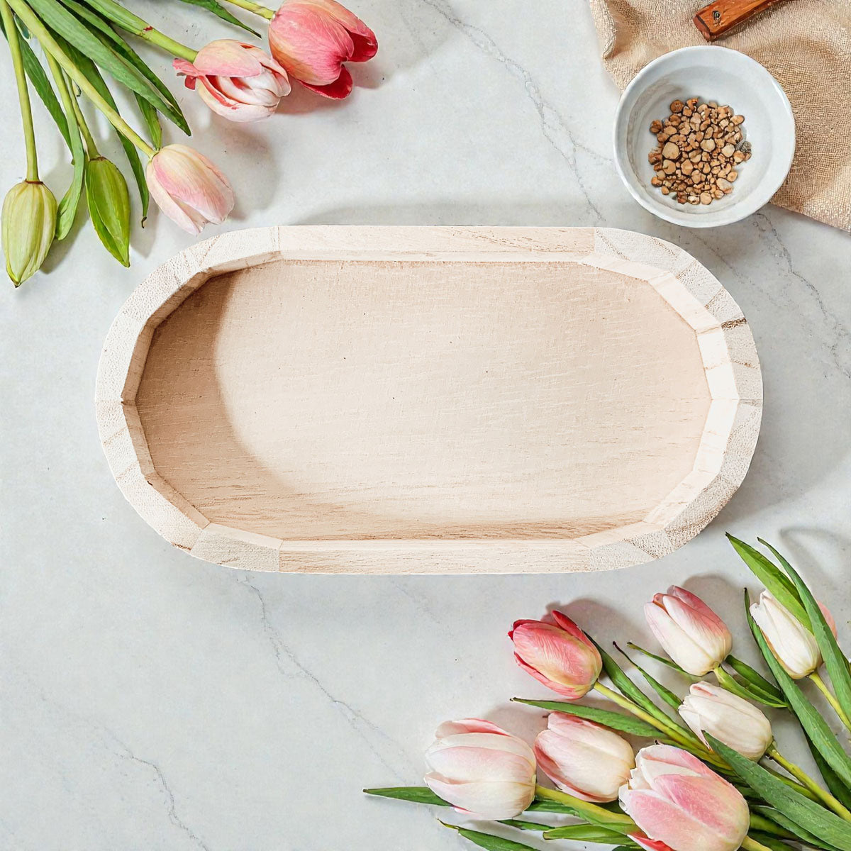 Small wooden tray for bathroom counter organization
Rustic Paulownia wood tray with bamboo pump bottles
Handmade trinket tray bathroom storage solution