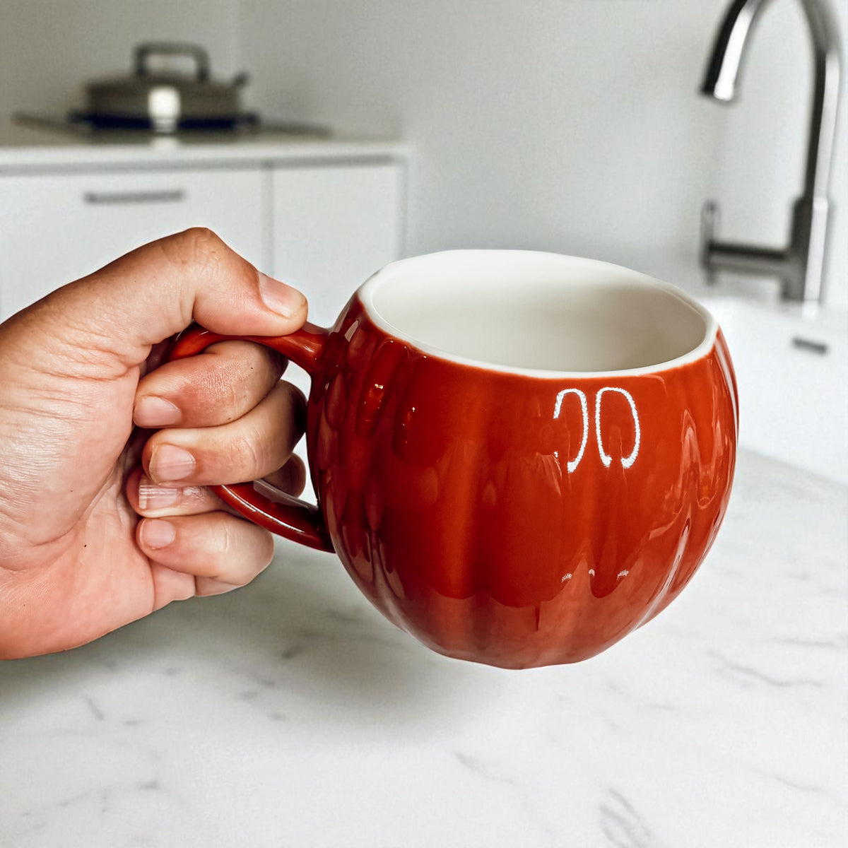 Unique handmade ceramic pumpkin shaped coffee mugs for fall and Halloween home decorating
White and rust orange pumpkin coffee mugs - artisan fall kitchen decor and Halloween gifts