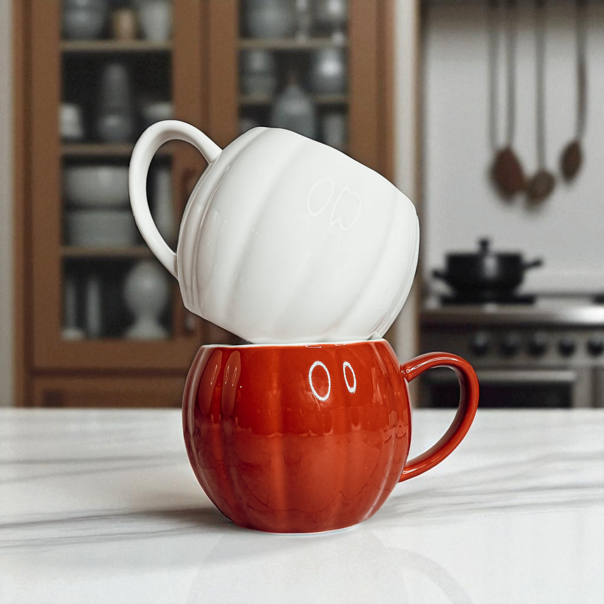 Fall gift ideas - ceramic pumpkin shaped coffee mugs in white and rust orange colors
Halloween gifts for coffee lovers - handmade pumpkin shaped ceramic mugs