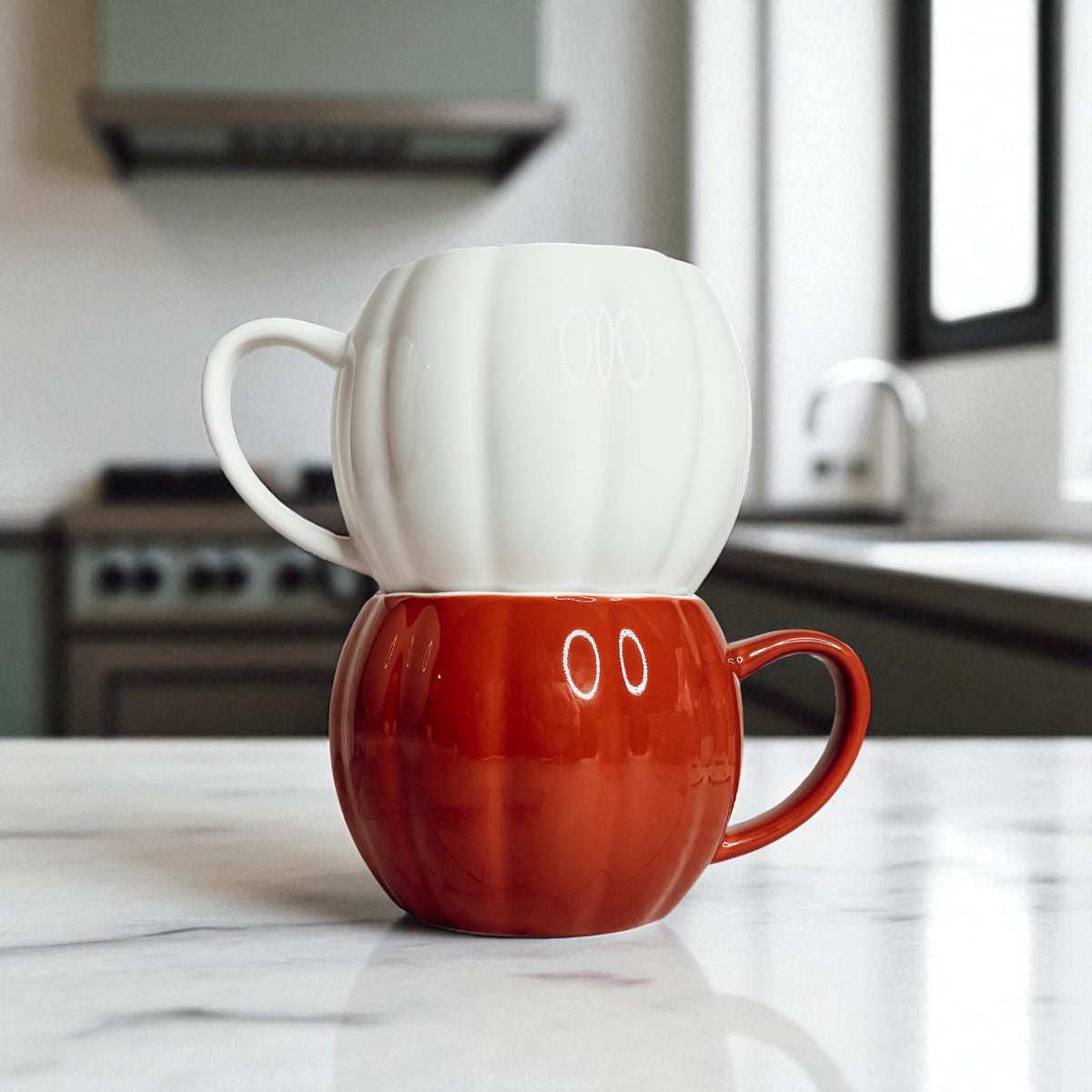 Pumpkin Shaped Coffee Mug with Fall Decor and Mini Pumpkins
Autumn Coffee Station with White Pumpkin Ceramic Mug