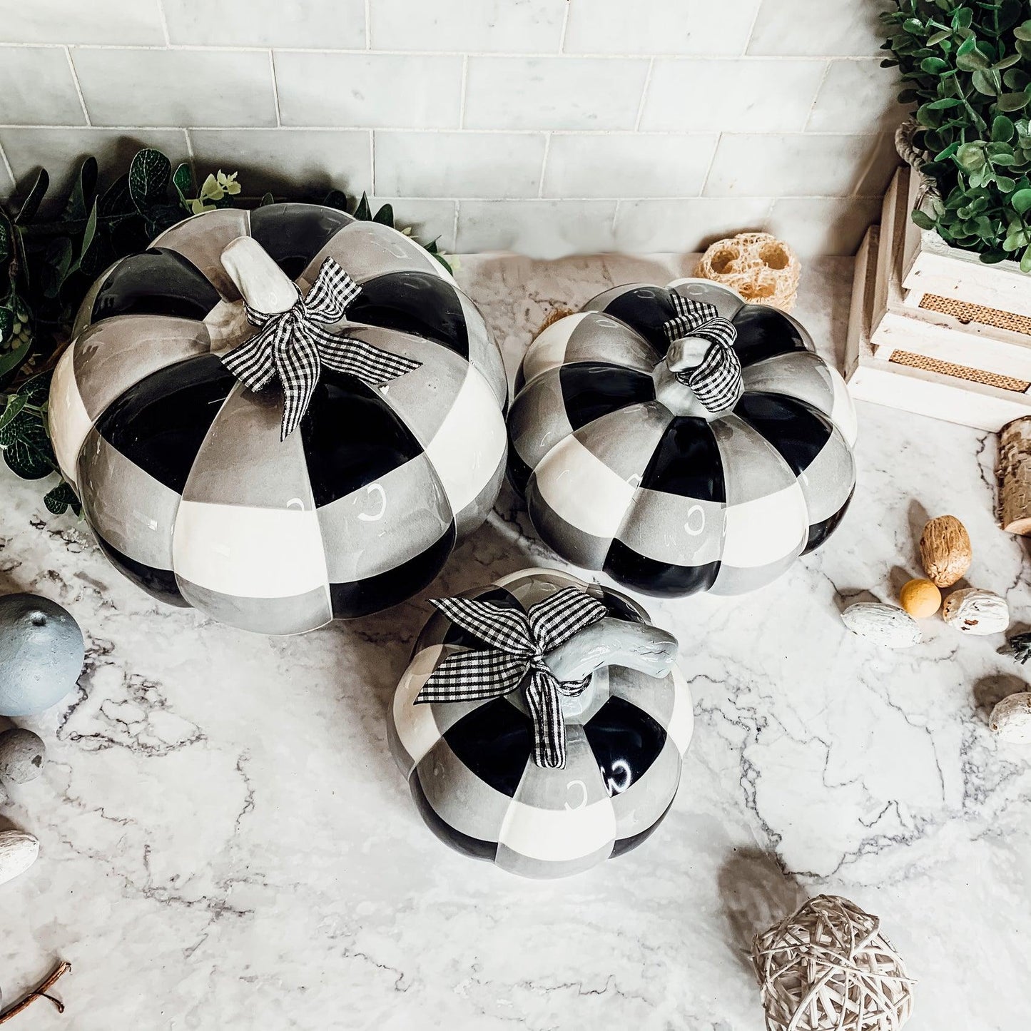 Buffalo Check Ceramic Pumpkins, Gingham Pumpkin Designs
